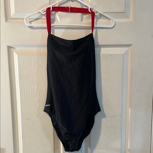 Speedo Size 8 Black One-Piece Swimsuit with Red Straps
